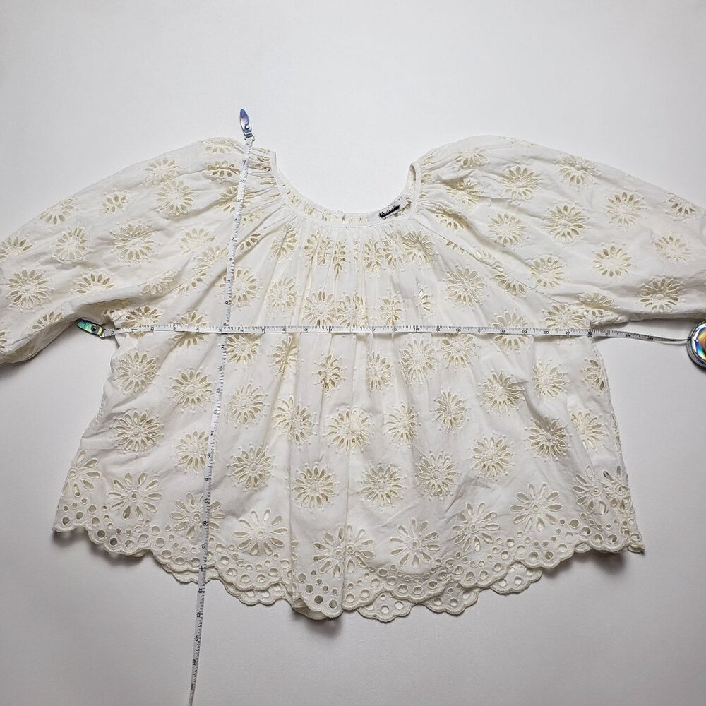 Madewell Embroidered Shirred Puff-Sleeve Top Women's Small Ivory Floral Eyelet - Picture 5 of 16